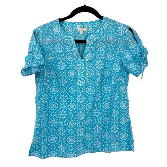 Talbots XS Cotton tunic top light blue Boho Print short Sleeve Split Neck - Picture 8 of 8